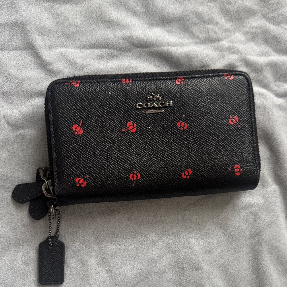 Coach Prairie Bud Rose 53593 Double Zip Black Gross Leather Wallet